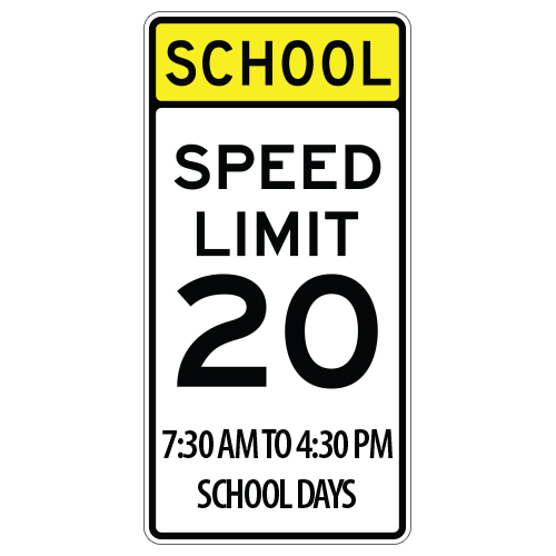 School Days Speed Limit 20, with Time Zone Sign