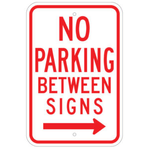 No Parking Between Signs, with Right Arrow
